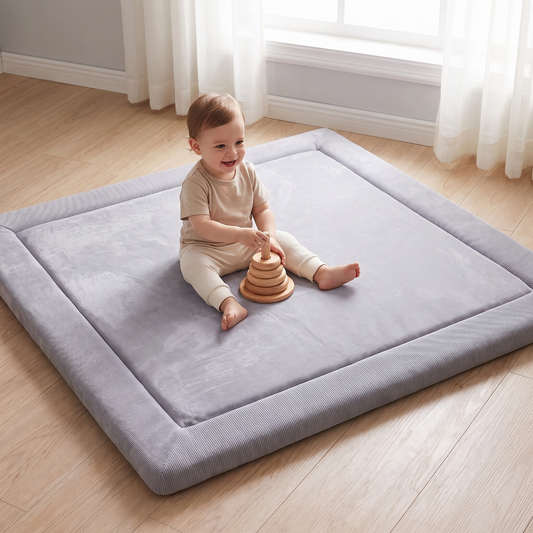 Little Teekie Velvet Memory Foam Play Mat | Anti-Slip Base, Machine Washable – Pebble Grey – in use, shows scale