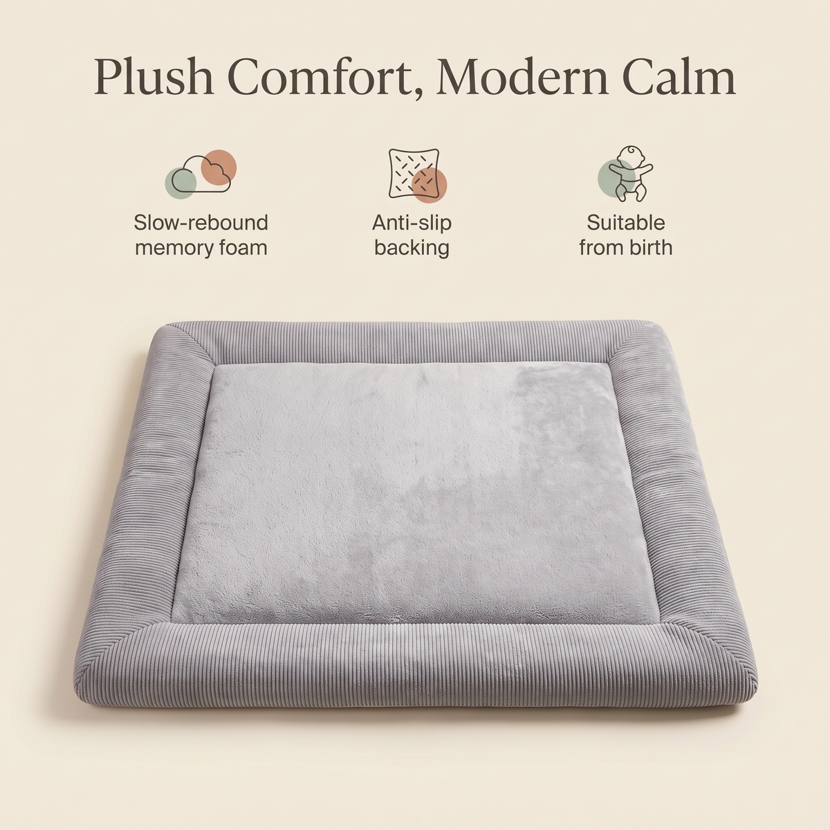 Little Teekie Velvet Memory Foam Play Mat | Anti-Slip Base, Machine Washable – Pebble Grey – key features