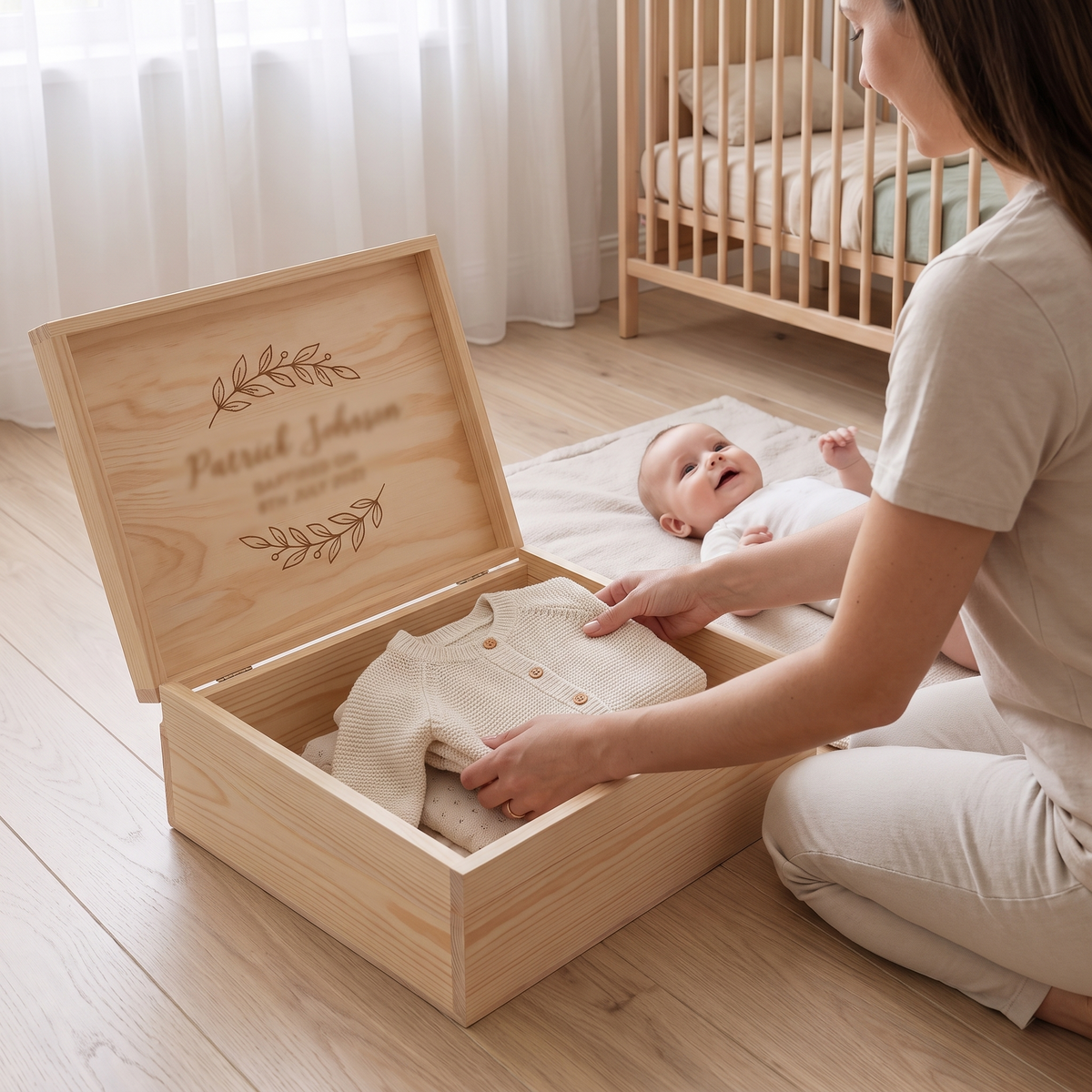 Little Teekie Personalised Keepsake Box | Engraved Name, Foliage Design Pine 33 x 28cm – Natural Pine – in use, shows scale