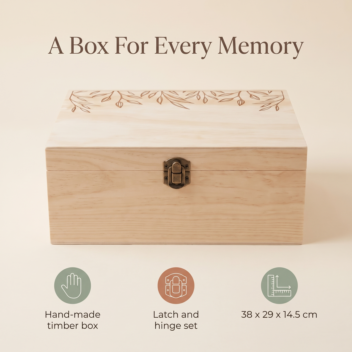 Little Teekie Personalised Large Wooden Keepsake Box | Etched Name, 38 x 29cm Latch Lid – Natural Timber – key features