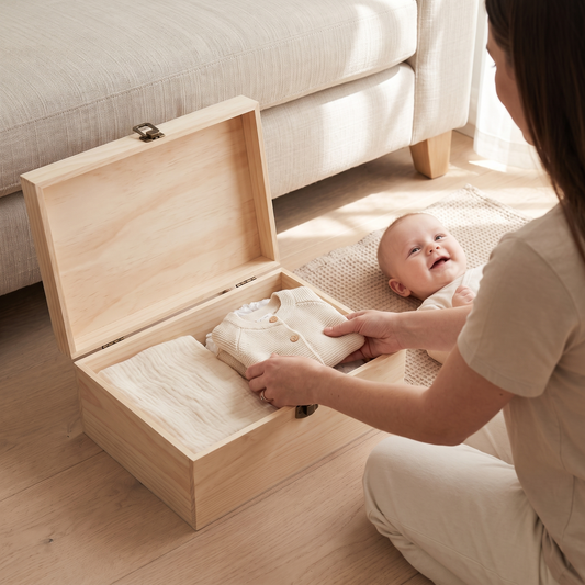 Little Teekie Personalised Large Wooden Keepsake Box | Etched Name, 38 x 29cm Latch Lid – Natural Timber – in use, shows scale