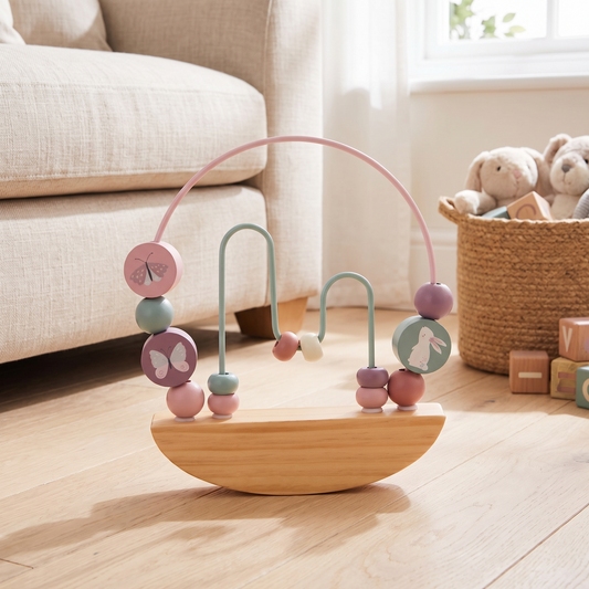 Little Teekie Personalised Wooden Rocking Bead Activity Toy | Animal Beads, Name Detail – Pink – lifestyle