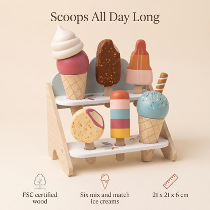 Little Teekie Wooden Ice Cream Shop Set | 6 Mix-and-Match Cones, FSC Wood – Colourful – key features