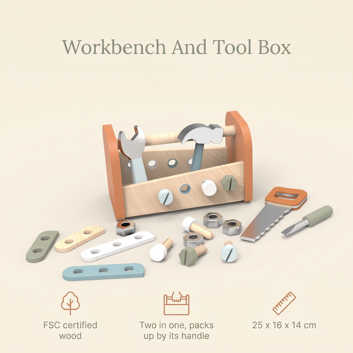 Little Teekie Wooden 2-in-1 Tool Box and Workbench | FSC Certified Wood, 25cm – key features