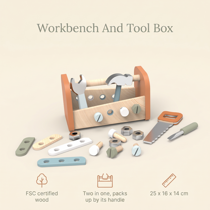 Little Teekie Wooden 2-in-1 Tool Box and Workbench | FSC Certified Wood, 25cm – key features