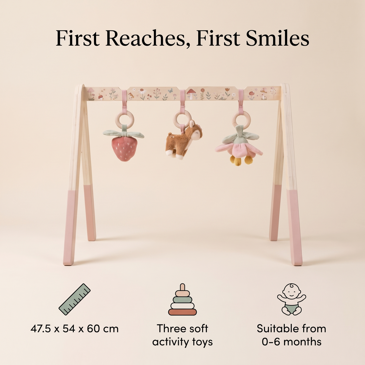 Little Teekie Wooden Baby Play Gym | Fabric Arch, 3 Soft Toys, 47.5 x 54 x 60 cm – Fairy Garden – key features