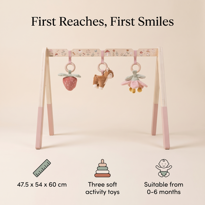 Little Teekie Wooden Baby Play Gym | Fabric Arch, 3 Soft Toys, 47.5 x 54 x 60 cm – Fairy Garden – key features