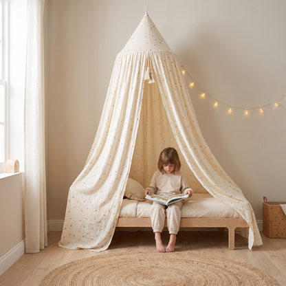 Little Teekie Printed Cotton Bed Canopy | Non-Toxic Materials, Ample Storage – Cherry – in use, shows scale