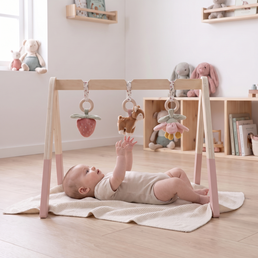 Little Teekie Wooden Baby Play Gym | Fabric Arch, 3 Soft Toys, 47.5 x 54 x 60 cm – Fairy Garden – in use, shows scale