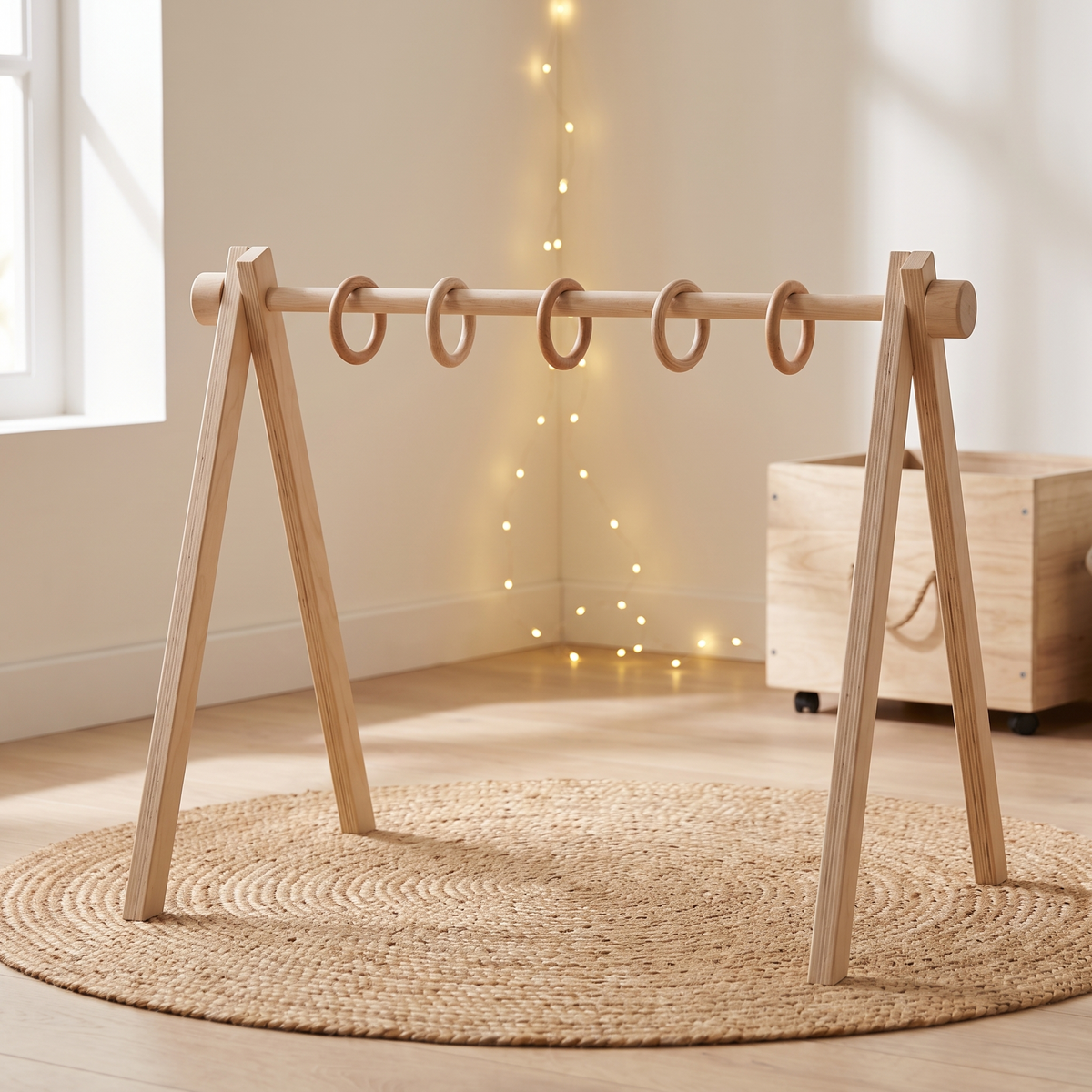 Little Teekie Wooden Baby Gym Frame | Bent Pine Arch, 5 Removable Rings – Natural Plywood – lifestyle