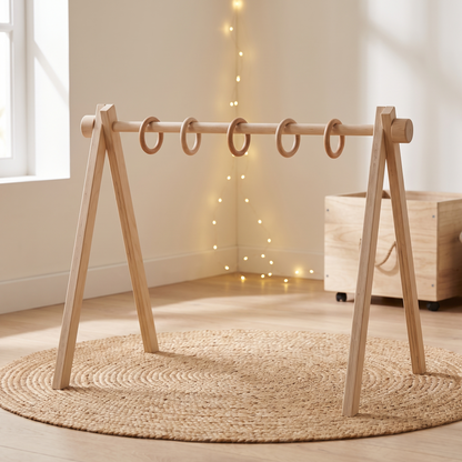 Little Teekie Wooden Baby Gym Frame | Bent Pine Arch, 5 Removable Rings – Natural Plywood – lifestyle