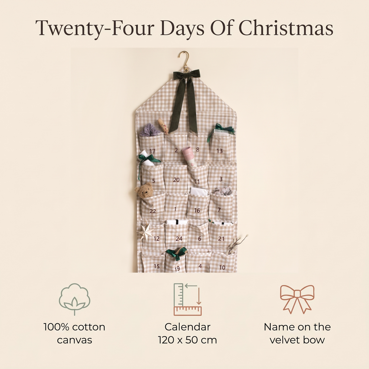 Little Teekie Personalised Gingham Advent Calendar | Velvet Bow Name, 120x50cm – Beige – key features