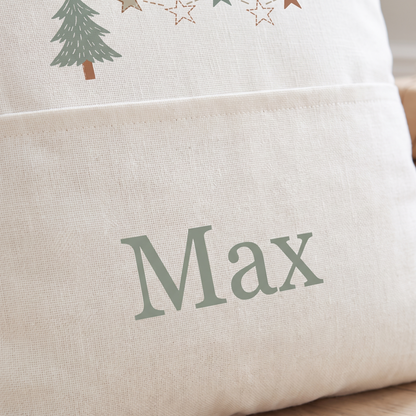 Little Teekie Personalised Elf Christmas Cushion | Front Pocket, 40cm with Insert – Natural – personalisation detail