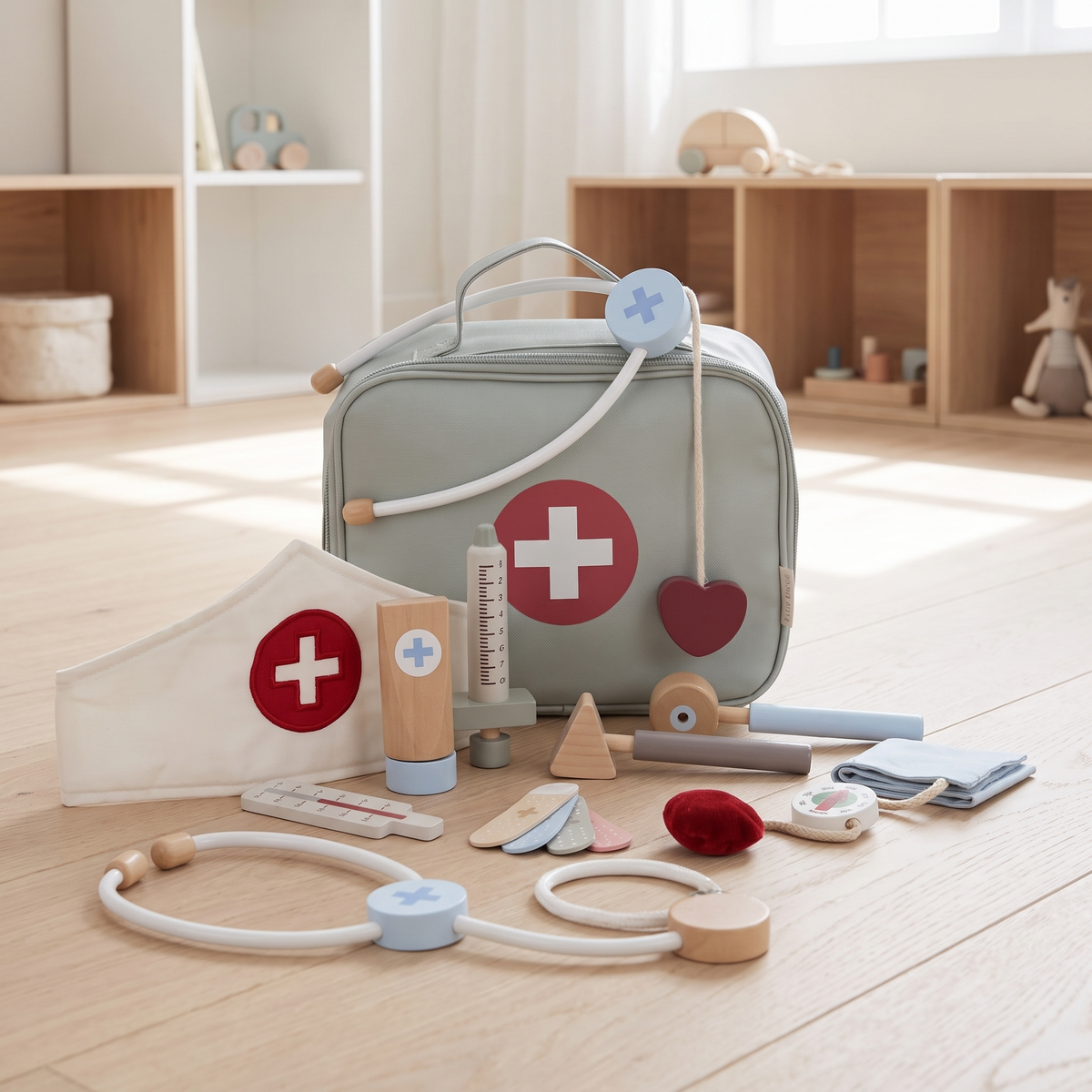Little Teekie Wooden Doctor Set | Fabric Bag, Stethoscope and Doctor's Cap, 25cm – lifestyle