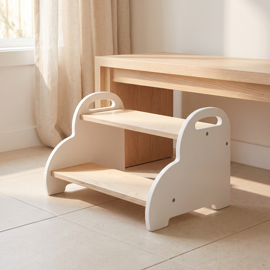 Little Teekie Wooden Cloud Step Stool | Birch Ply, 45cm Wide, Carry Handles – lifestyle
