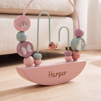 Little Teekie Personalised Wooden Rocking Bead Activity Toy | Animal Beads, Name Detail – Pink – personalisation detail