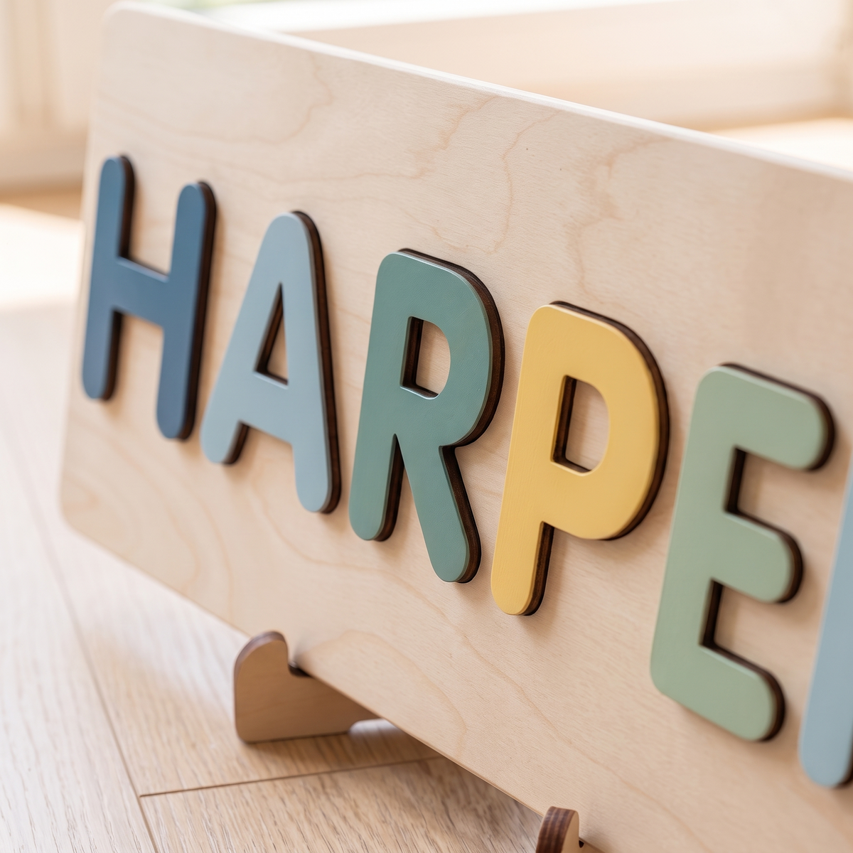 Little Teekie Personalised Wooden Name Puzzle | Engraved Message, Board with Stand – Assorted Colours – personalisation detail