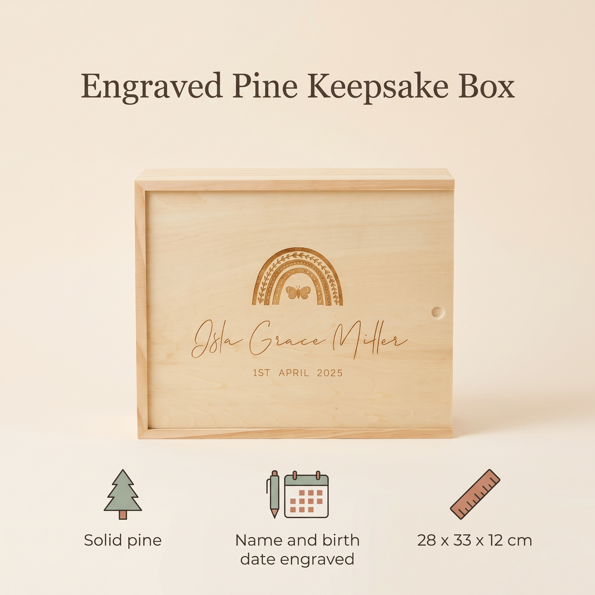 Little Teekie Personalised Keepsake Box | Engraved Name, Rainbow Design Pine 33 x 28cm – Natural Pine – key features