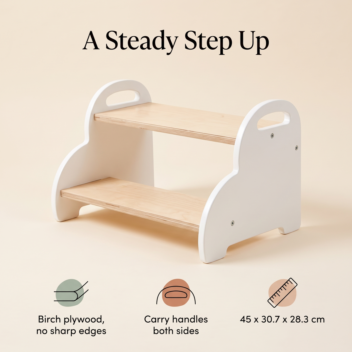 Little Teekie Wooden Cloud Step Stool | Birch Ply, 45cm Wide, Carry Handles – key features