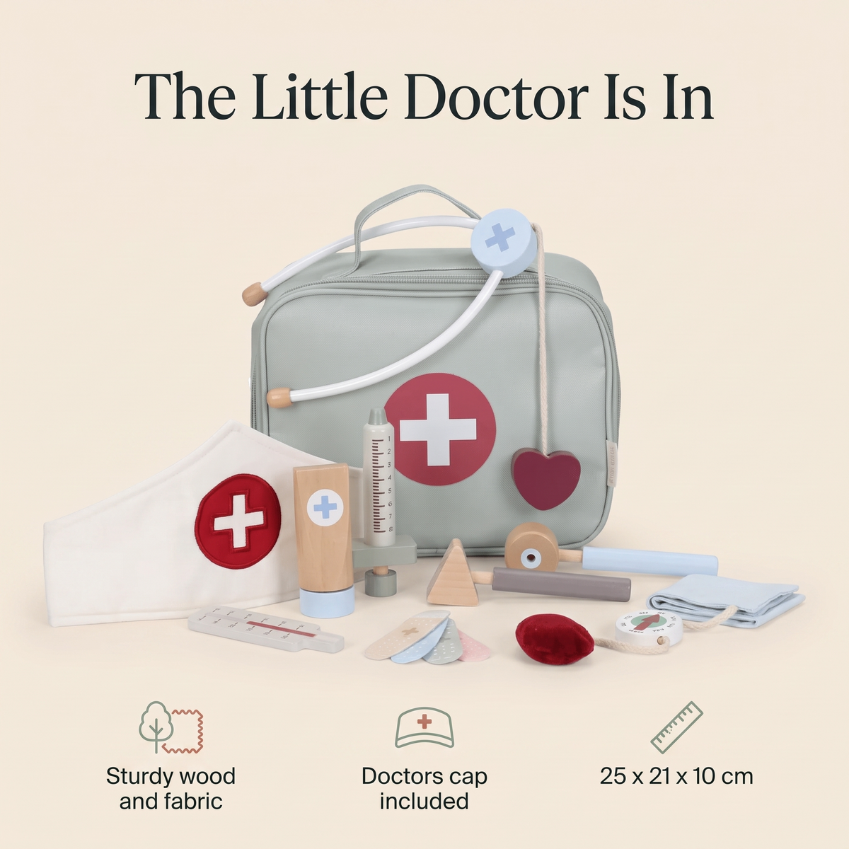 Little Teekie Wooden Doctor Set | Fabric Bag, Stethoscope and Doctor's Cap, 25cm – key features
