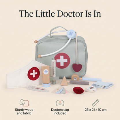 Little Teekie Wooden Doctor Set | Fabric Bag, Stethoscope and Doctor's Cap, 25cm – key features
