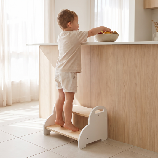 Little Teekie Wooden Cloud Step Stool | Birch Ply, 45cm Wide, Carry Handles – in use, shows scale