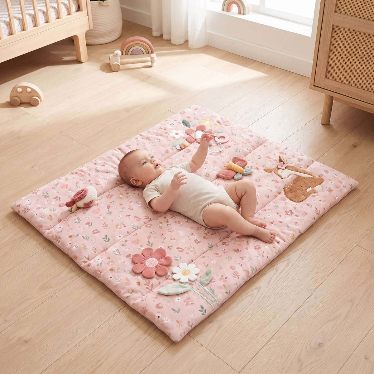 Little Teekie Padded Playpen Play Mat | 80 x 100 cm, Sensory Toys, Machine Washable – Pink – in use, shows scale