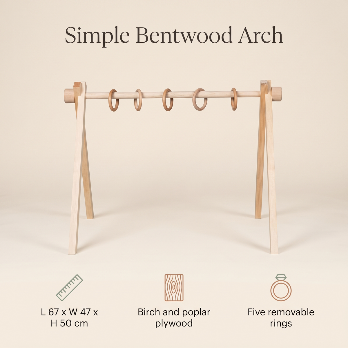 Little Teekie Wooden Baby Gym Frame | Bent Pine Arch, 5 Removable Rings – Natural Plywood – key features