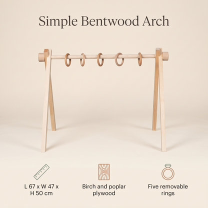 Little Teekie Wooden Baby Gym Frame | Bent Pine Arch, 5 Removable Rings – Natural Plywood – key features