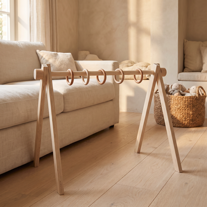 Little Teekie Wooden Baby Gym Frame | Bent Pine Arch, 5 Removable Rings – Natural Plywood – styled in the home