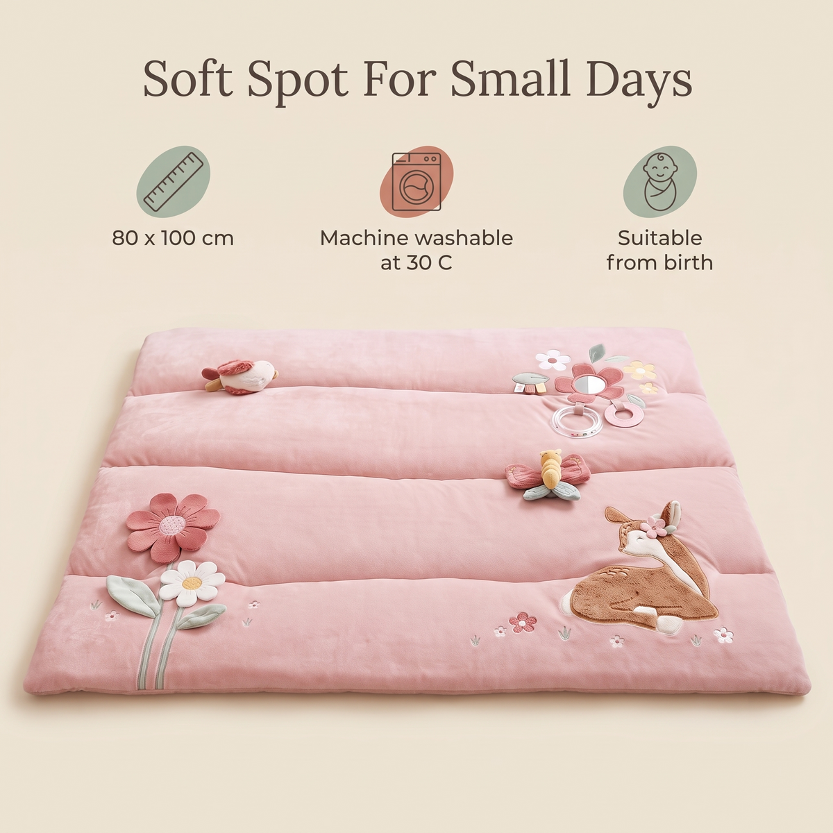 Little Teekie Padded Playpen Play Mat | 80 x 100 cm, Sensory Toys, Machine Washable – Pink – key features