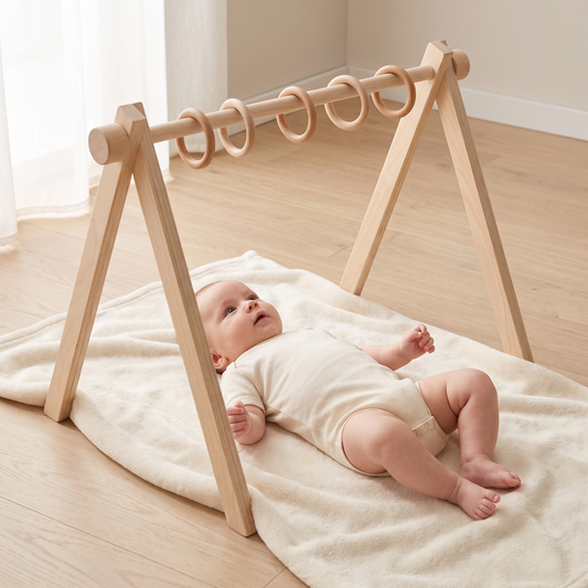 Little Teekie Wooden Baby Gym Frame | Bent Pine Arch, 5 Removable Rings – Natural Plywood – in use, shows scale