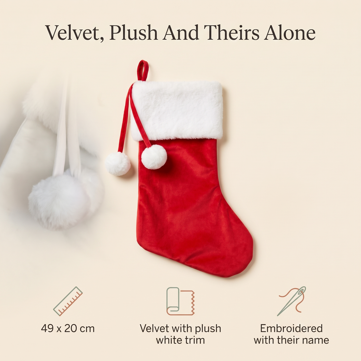 Little Teekie Personalised Velvet Christmas Stocking | Embroidered Name, 49x20cm – Red & White – key features