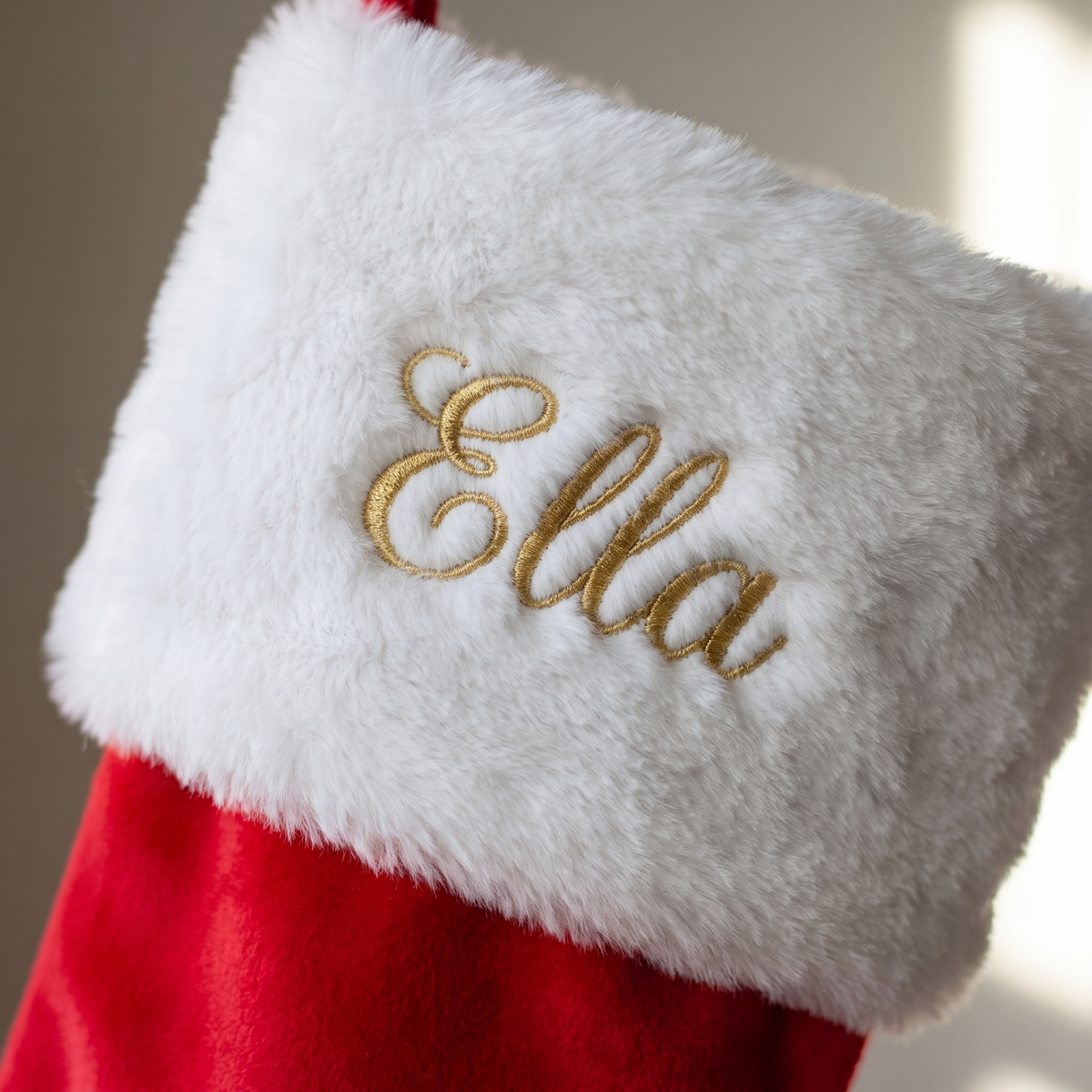 Little Teekie Personalised Velvet Christmas Stocking | Embroidered Name, 49x20cm – Red & White – personalisation detail