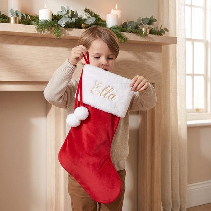 Little Teekie Personalised Velvet Christmas Stocking | Embroidered Name, 49x20cm – Red & White – in use, shows scale