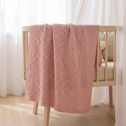 Little Teekie Personalised Diamond Knit Baby Blanket | Embroidered Name, Bassinet Size – Dusty Pink – lifestyle
