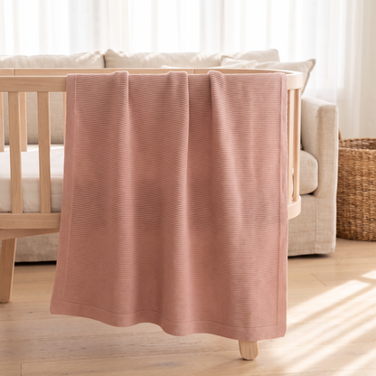Little Teekie Personalised Knitted Baby Blanket | Embroidered Name, 80 x 100cm – Dusty Pink – lifestyle