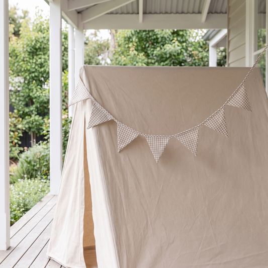 Little Teekie Fabric Bunting Garland | 2.4m, 13cm Flags, Play Tent Accessory – Oat Gingham – lifestyle