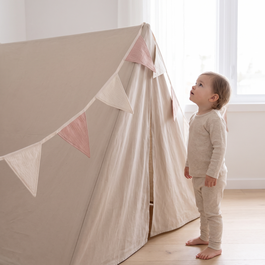 Little Teekie Muslin Cotton Flag Garland | 6 Flags, Reusable Bunting – Wild Rose – in use, shows scale