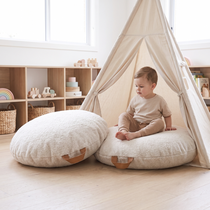 Little Teekie Tent Floor Cushion Pair | 70cm Round Teddy Bouclé, 2 Pack – Oat – in use, shows scale