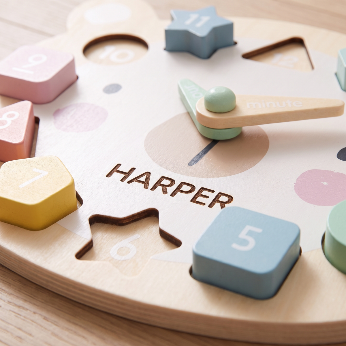 Little Teekie Personalised Bear Clock Puzzle | Laser Engraved Name, 26 x 21cm FSC Timber – Soft Pastel – personalisation detail