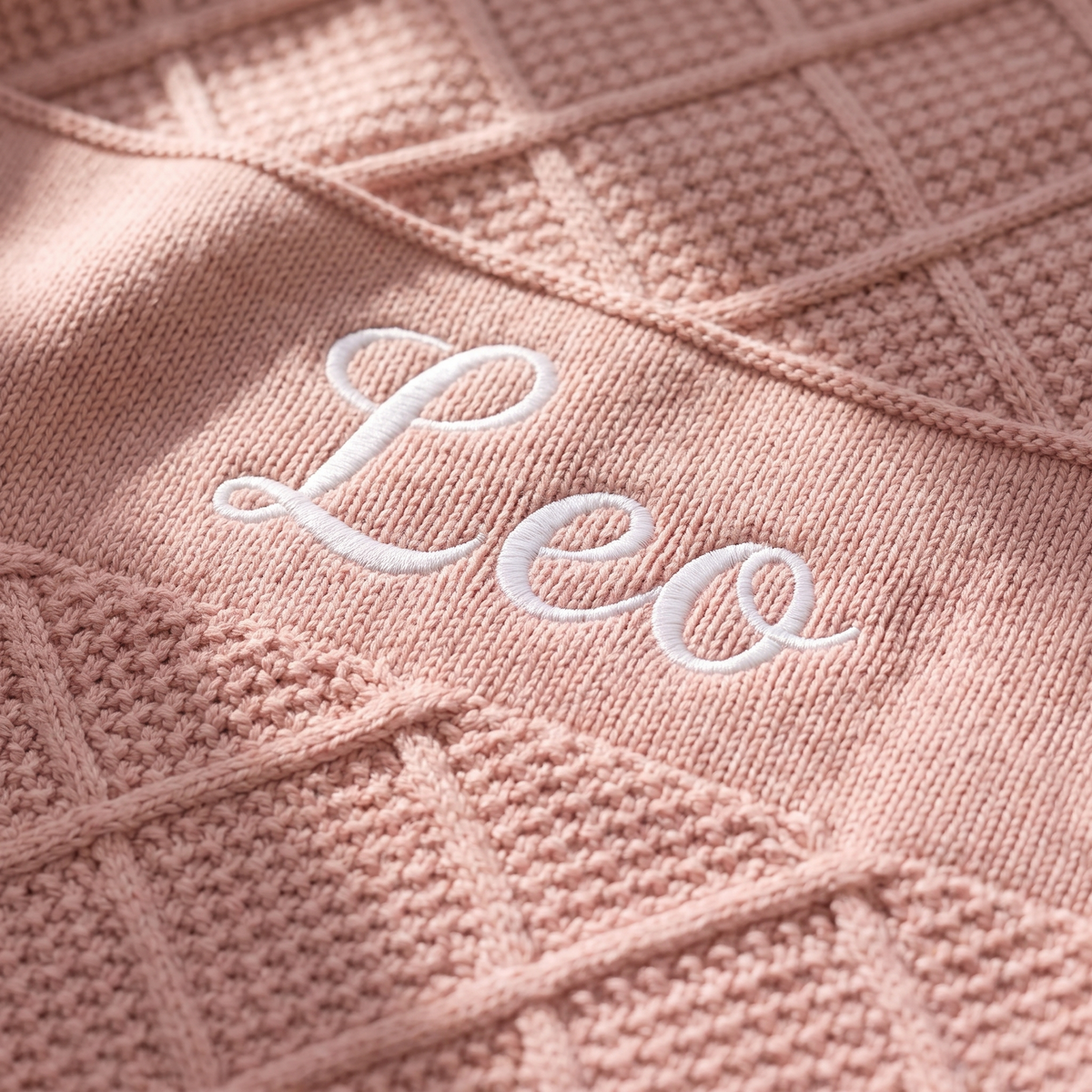 Little Teekie Personalised Diamond Knit Baby Blanket | Embroidered Name, Bassinet Size – Dusty Pink – personalisation detail