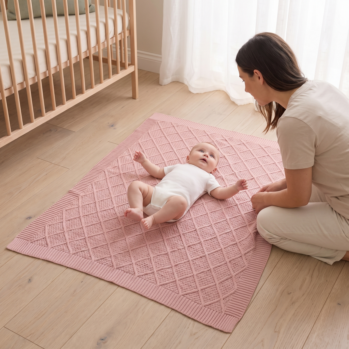 Little Teekie Personalised Diamond Knit Baby Blanket | Embroidered Name, Bassinet Size – Dusty Pink – in use, shows scale