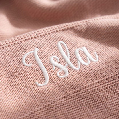 Little Teekie Personalised Knitted Baby Blanket | Embroidered Name, 80 x 100cm – Dusty Pink – personalisation detail
