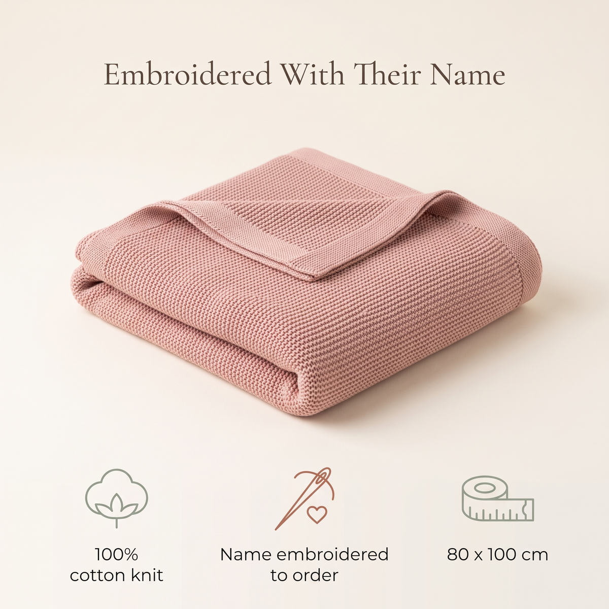 Little Teekie Personalised Knitted Baby Blanket | Embroidered Name, 80 x 100cm – Dusty Pink – key features