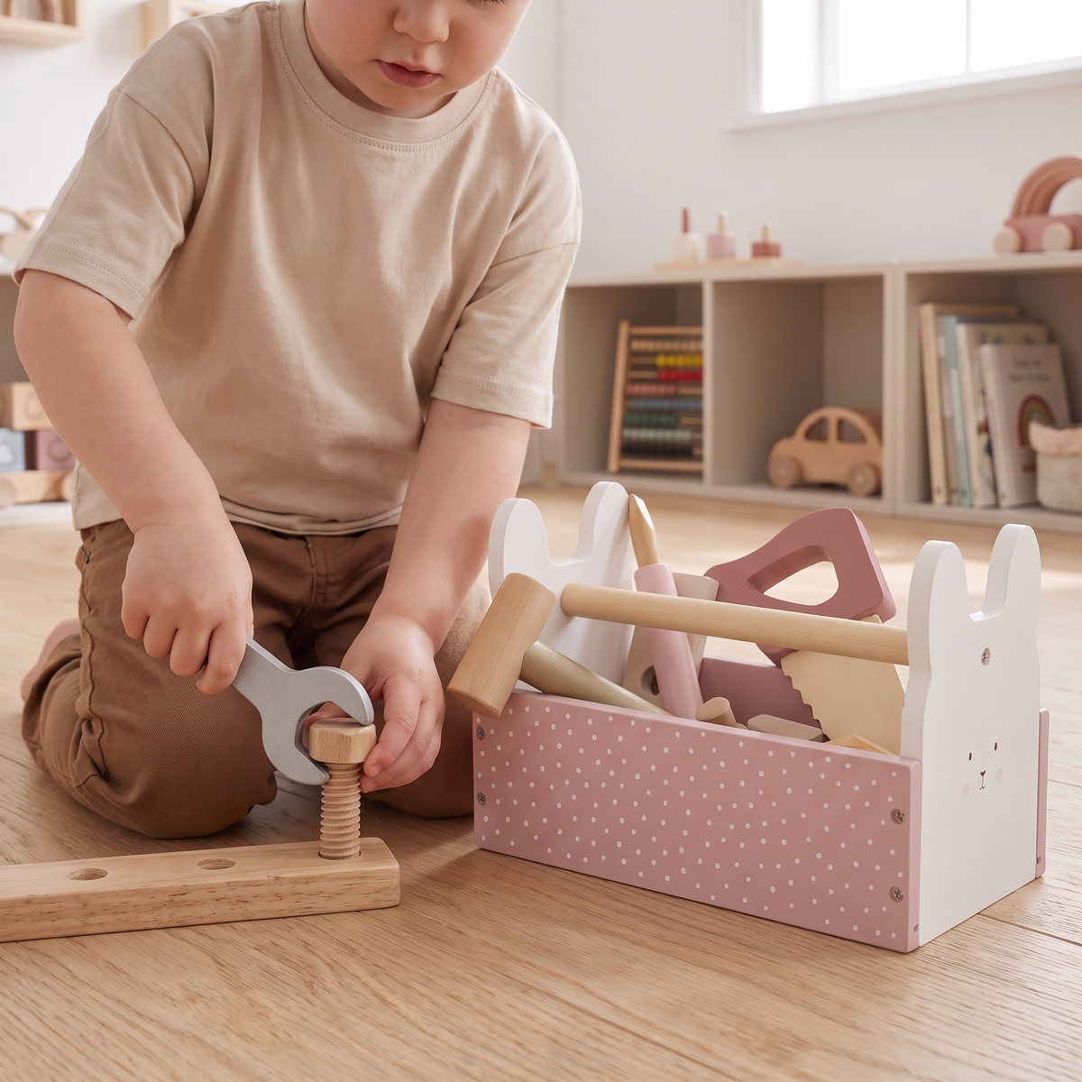 Little Teekie Wooden Tool Box Set | 15 Pieces, 21cm Box – Pink – in use, shows scale