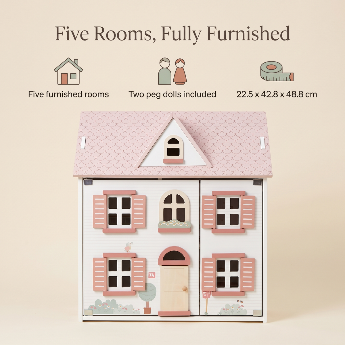 Little Teekie Wooden Dollhouse | 5 Rooms, Furniture and 2 Peg Dolls – White with Pink Roof – key features