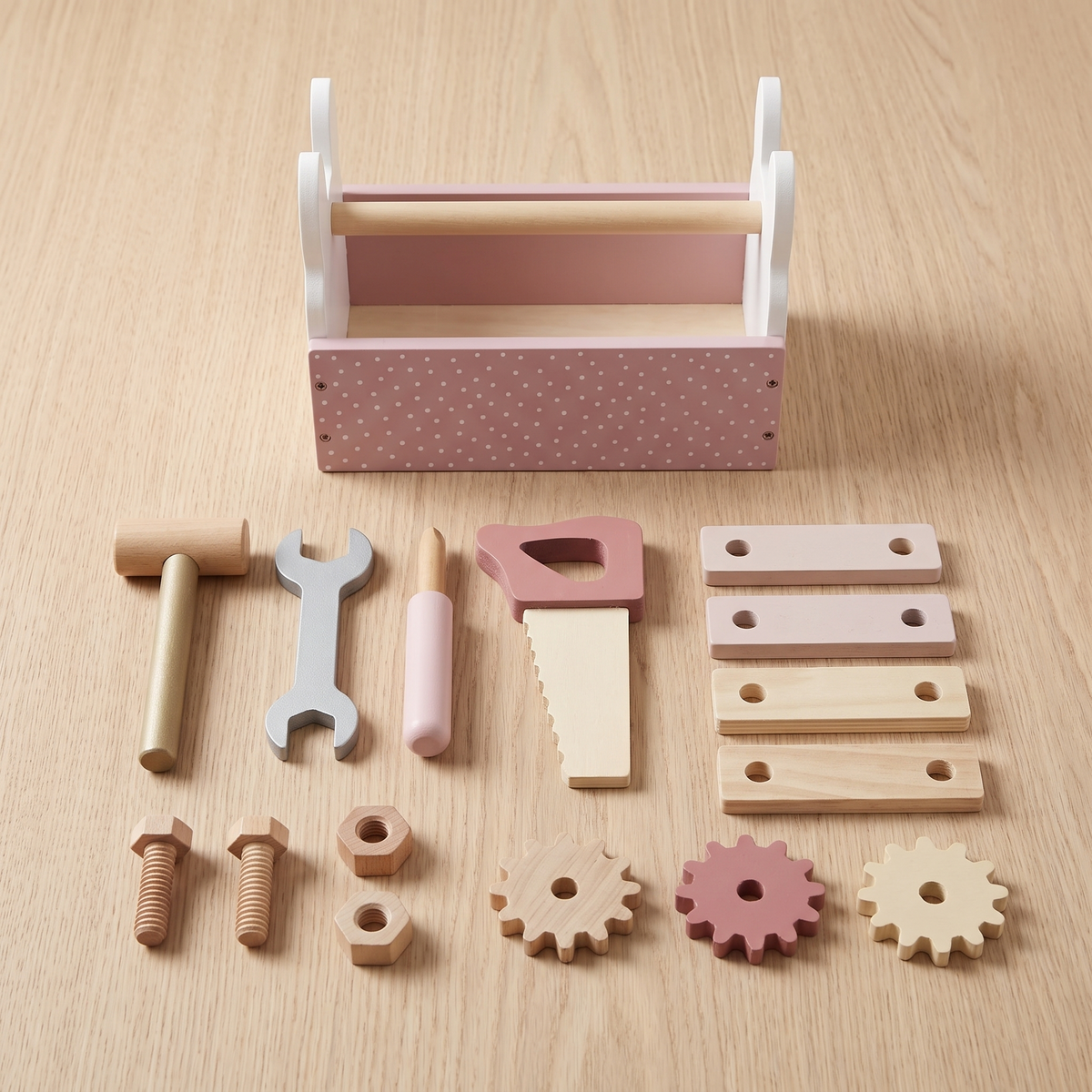Little Teekie Wooden Tool Box Set | 15 Pieces, 21cm Box – Pink – what's included