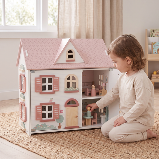 Little Teekie Wooden Dollhouse | 5 Rooms, Furniture and 2 Peg Dolls – White with Pink Roof – in use, shows scale