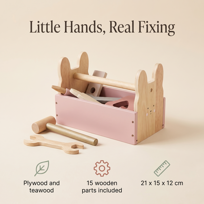 Little Teekie Wooden Tool Box Set | 15 Pieces, 21cm Box – Pink – key features